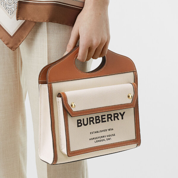 （バーバリー コピー）2020SS BURBERRY ポケットバッグ ミディアム ツートン キャンバス＆レザーバッグ