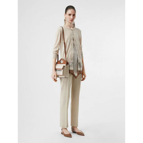 （バーバリー コピー）2020SS BURBERRY ポケットバッグ ミディアム ツートン キャンバス＆レザーバッグ