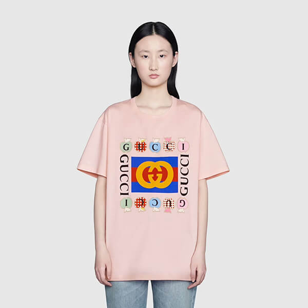 グッチ ブランドコピー tシャツ グッチ レポム 偽物 レディース アップル＆ハート レポム トップス 林檎 ハート ロゴ 男女 プレタ 615044 XJDOH 7989 2021-22 AW
