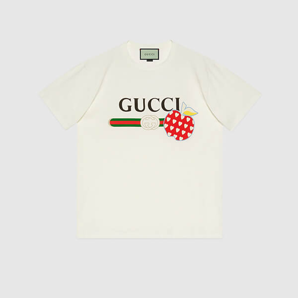 グッチ レポム 偽物【2021-22AW​】グッチ ブランドコピー tシャツ レディース アップル＆ハート レポム メンズ Tシャツ 半袖 林檎 ホワイト 548334 XJDNC 9095
