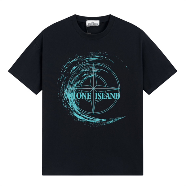 STONE ISLAND コピー Tシャツ グラフィック 波デザイン ブランドロゴ ターコイズ カジュアル メンズ ストーンアイランド