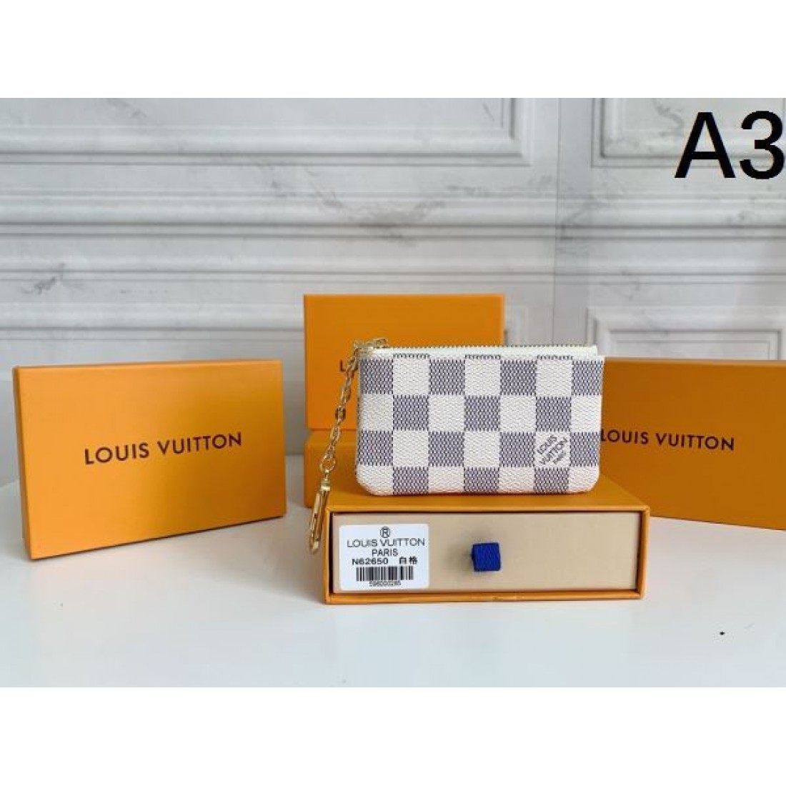 ルイ・ヴィトン コピー 財布 カードケース 小銭入れ一体 ダミエ柄 ラウンドジップ LOUIS VUITTON チェーン付き 